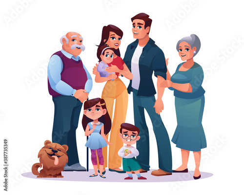 Big family parents, grandparents and children isolated on white. Vector cartoon mother and father, grandmother and grandfather, infant daughter and son. Kids and pet dog, happy relatives portrait