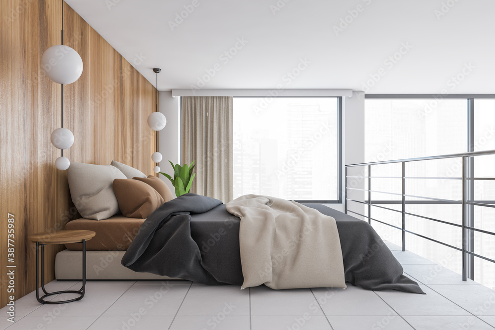 Bed on the second floor with linens, wooden and white minimalist sleeping room