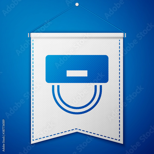 Blue Bellboy hat icon isolated on blue background. Hotel resort service symbol. White pennant template. Vector.