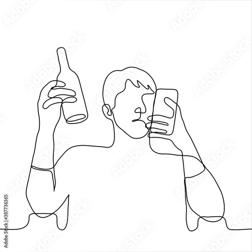 man drinks while surfing online. one line drawing of an alcoholic looking at the phone while reading the news / watching a video