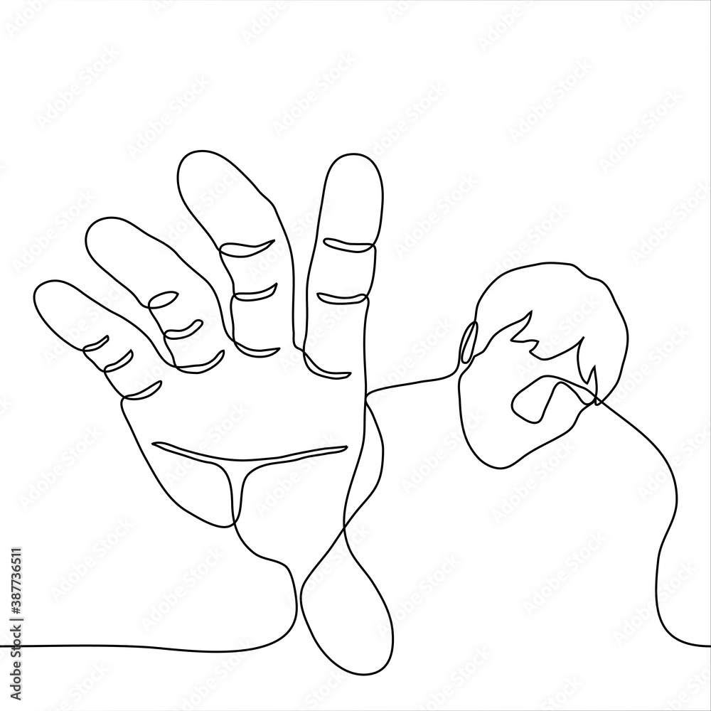 Man reaches out to grab the observer viewer one line drawing concept