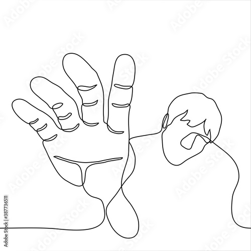 man reaches out to grab the observer / viewer. one line drawing concept man trying to grab something or keep from falling