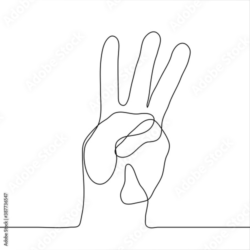 hand shows three fingers. one line drawing of a left human hand with three fingers extended.