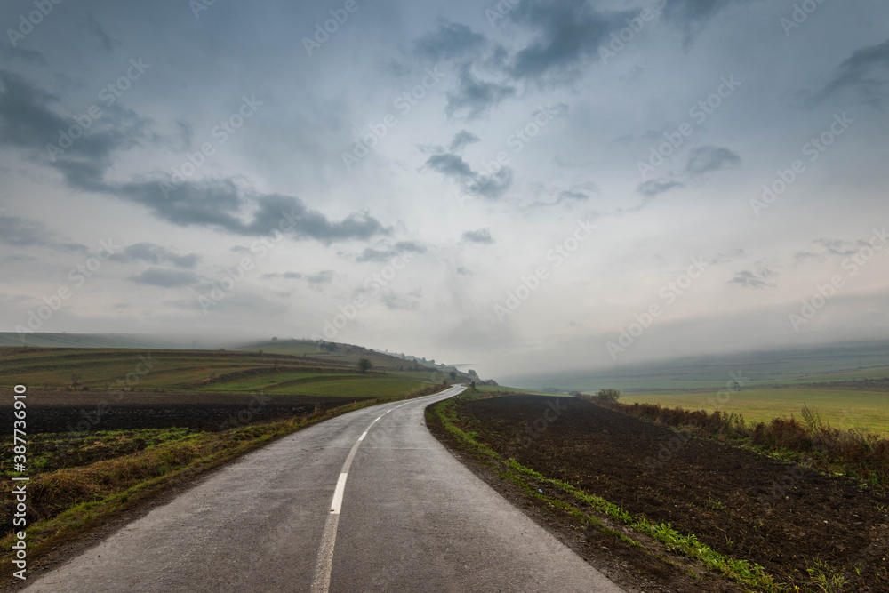 Wet asphalt road leading through green agricultural fields at late autumn, fog and thick rain clouds.