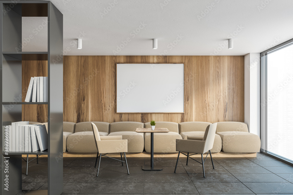 White and wooden office waiting room with poster White and wooden office waiting room with poster