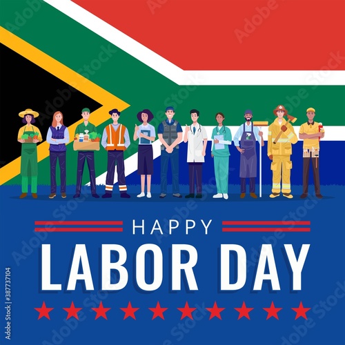 Happy Labor Day. Various occupations people standing with South Africa flag. Vector