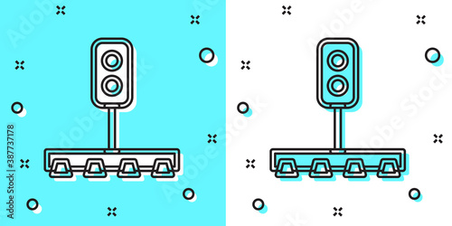 Black line Train traffic light icon isolated on green and white background. Traffic lights for the railway to regulate the movement of trains. Random dynamic shapes. Vector.