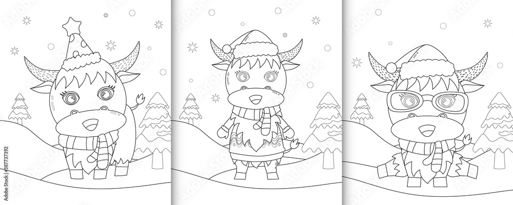 coloring book with cute buffalo christmas characters