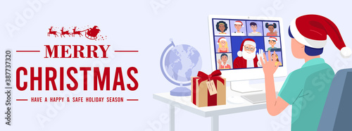 Kid having video conference on computer with Santa Claus and his friends at home. Vector