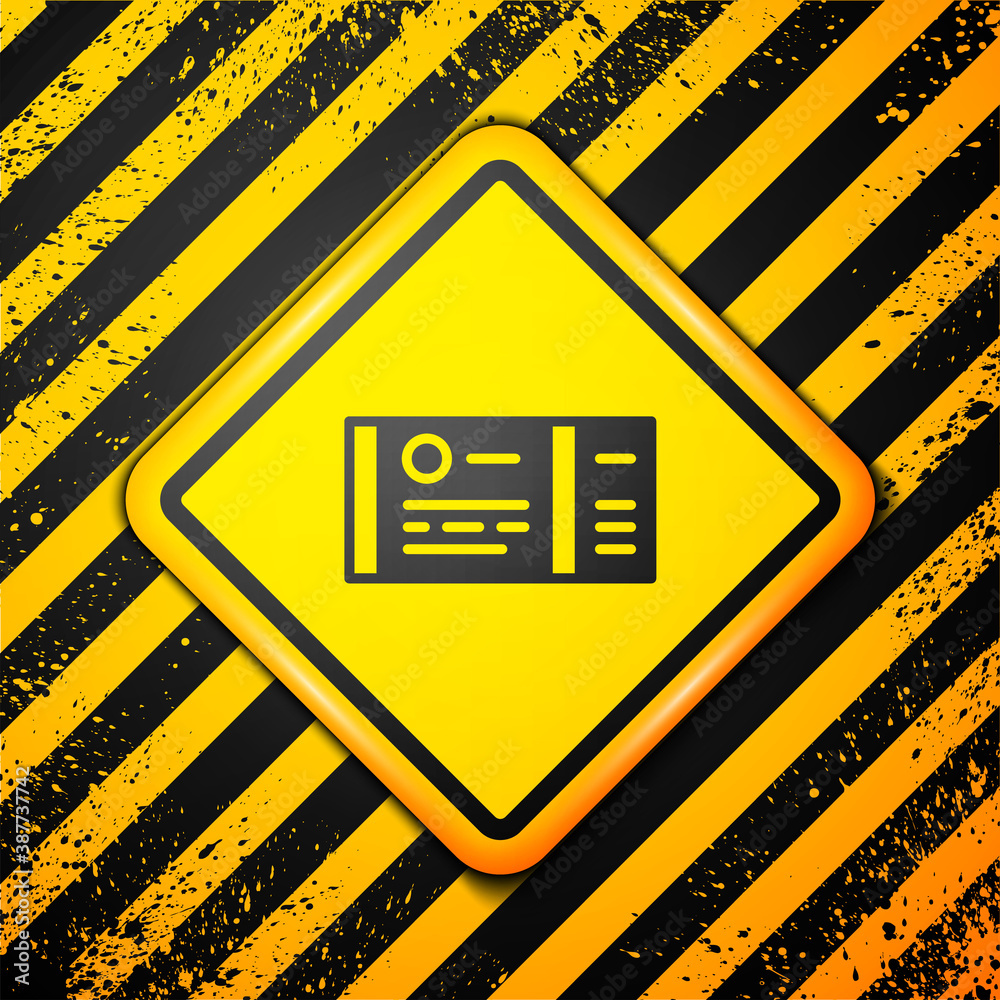 Black Train ticket icon isolated on yellow background. Travel by railway. Warning sign. Vector.