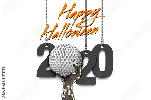 Happy Halloween. Numbers 2020 year hanging on strings and zombie hand is holding a golf ball.  Pattern for banner, poster, greeting card, flyer, party invitation. Vector illustration