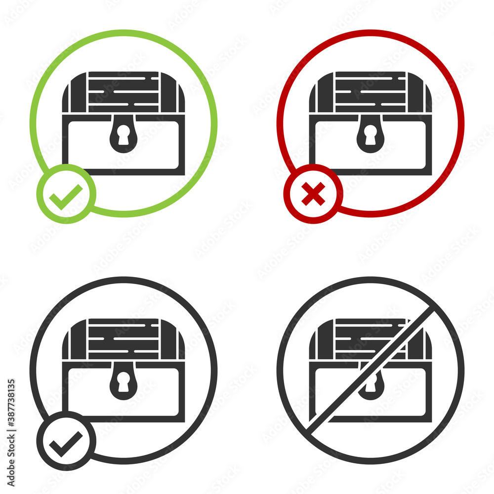 Black Antique treasure chest icon isolated on white background. Vintage wooden chest with golden coin. Circle button. Vector. Black Antique treasure chest icon isolated on white background. Vintage wooden chest with golden coin. Circle button. Vector.