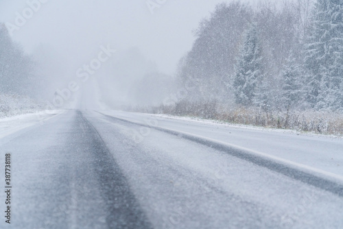 Blizzard on a winter road