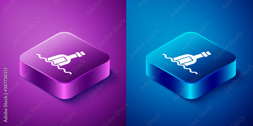 Isometric Glass bottle with a message in water icon isolated on blue and purple background. Letter in the bottle. Pirates symbol. Square button. Vector.