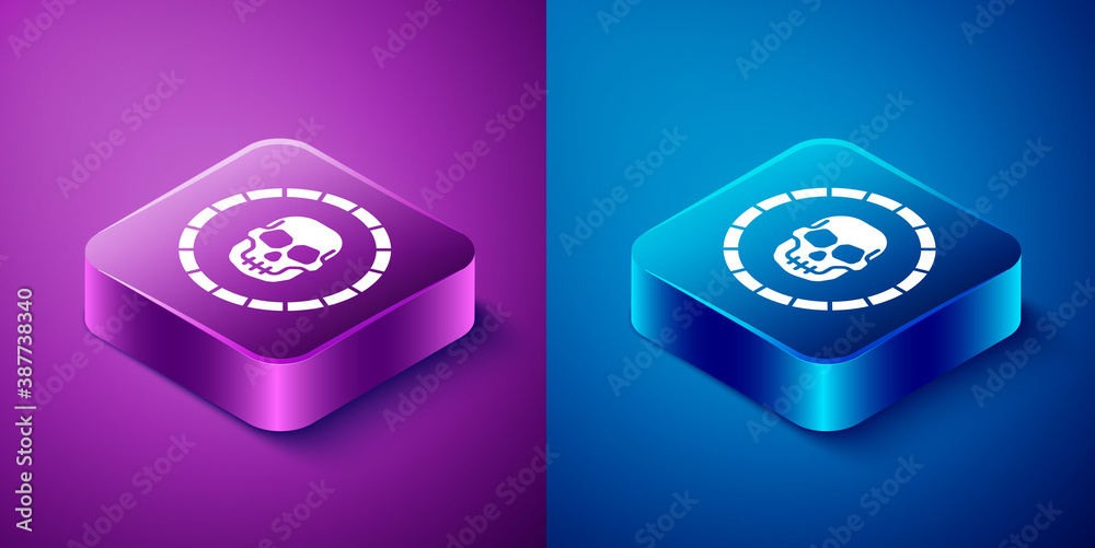Isometric Pirate coin icon isolated on blue and purple background. Square button. Vector. Isometric Pirate coin icon isolated on blue and purple background. Square button. Vector.