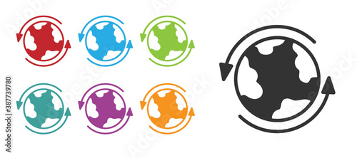 Black Worldwide icon isolated on white background. Pin on globe. Set icons colorful. Vector.