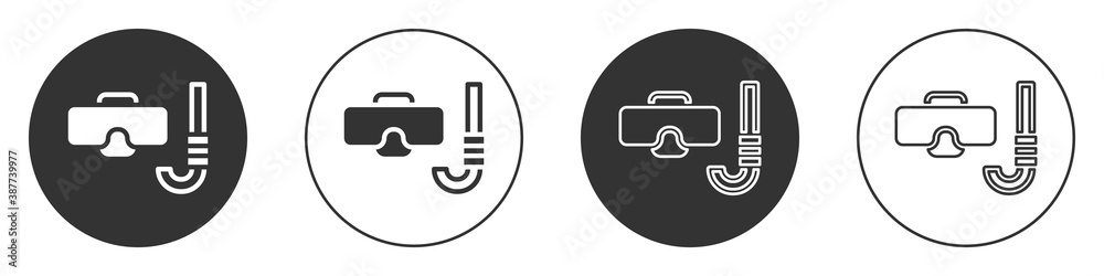 Black Diving mask and snorkel icon isolated on white background. Extreme sport. Diving underwater equipment. Circle button. Vector. Black Diving mask and snorkel icon isolated on white background. Extreme sport. Diving underwater equipment. Circle button. Vector.