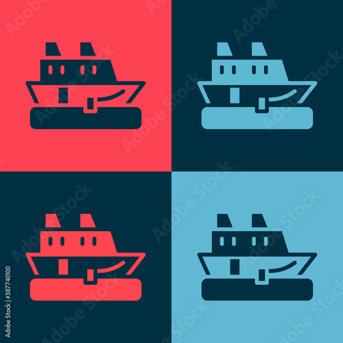 Pop art Cruise ship icon isolated on color background. Travel tourism nautical transport. Voyage passenger ship, cruise liner. Worldwide cruise. Vector.