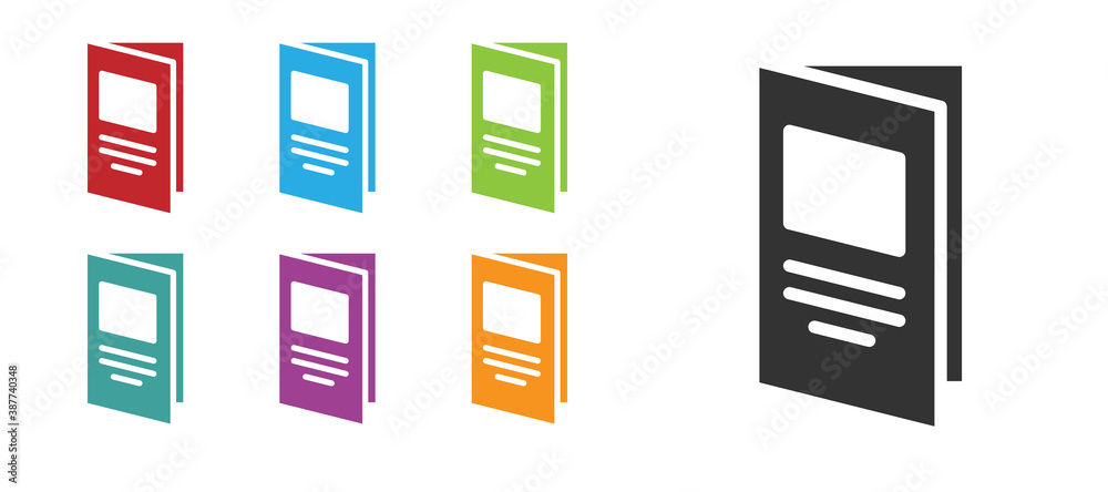 Black Brochure template layout icon isolated on white background. Corporate business annual report, catalog, magazine, flyer mockup. Set icons colorful. Vector. Black Brochure template layout icon isolated on white background. Corporate business annual report, catalog, magazine, flyer mockup. Set icons colorful. Vector.