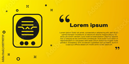 Black Attitude indicator is an instrument used in an aircraft to inform the pilot of the orientation of the aircraft icon isolated on yellow background. Vector.