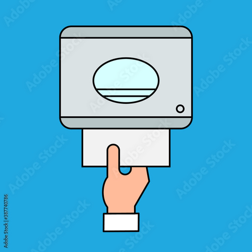 Automatic touchless towel dispenser with sensor on the wall. Drying hands safely. Paper dispenser icon. Hand pulling paper towel in the bathroom. Restroom equipment. Vector illustration, flat,clip art