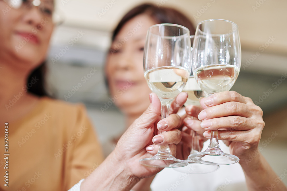 Close-up image of senior female friends toasting with champgne glasses at house party Close-up image of senior female friends toasting with champgne glasses at house party