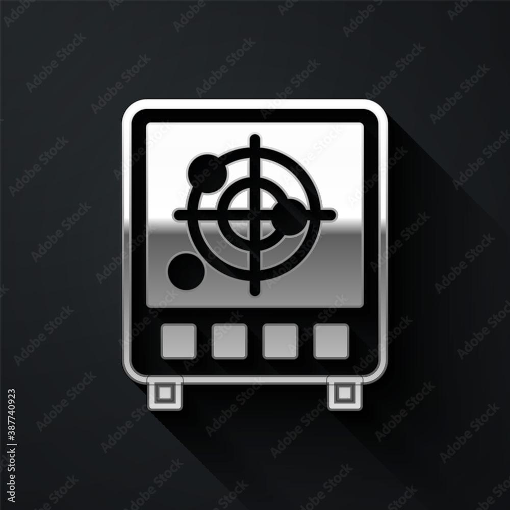 Silver Radar with targets on monitor in searching icon isolated on black background. Search system. Navy sonar. Long shadow style. Vector. Silver Radar with targets on monitor in searching icon isolated on black background. Search system. Navy sonar. Long shadow style. Vector.