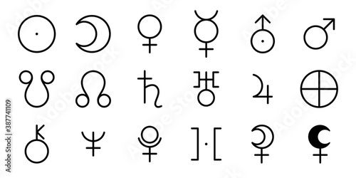 Planet symbols set. Vector signs. Astrological calendar. Zodiacal black and white horoscope. Earth; moon, jupiter; saturn; mars; venus and sun. Jyotisha. Hinduism, Indian or Vedic astrology