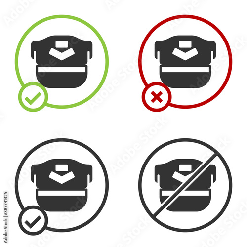 Black Pilot hat icon isolated on white background. Circle button. Vector.