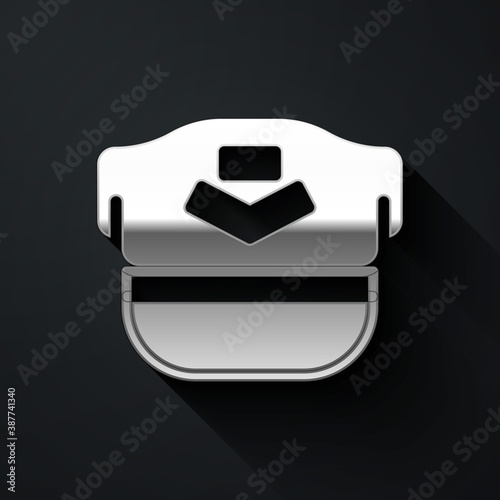 Silver Pilot hat icon isolated on black background. Long shadow style. Vector.