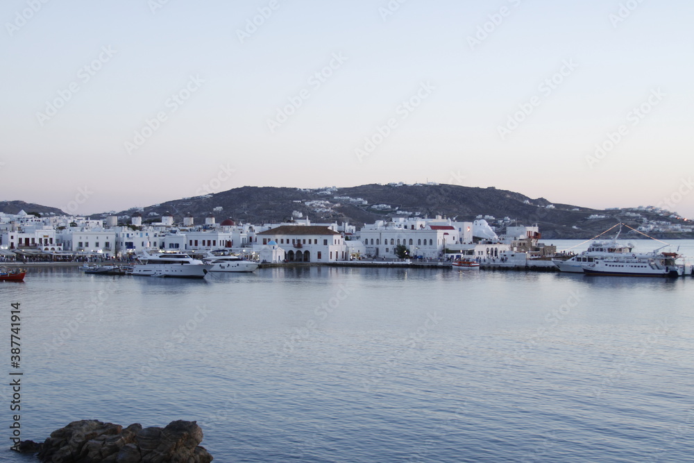 Panoramic landscape white coastal city in the bay and marina with boats