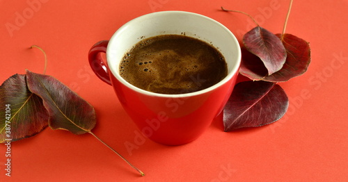 Сup of black coffee with red leaves. Fall composition, copy space