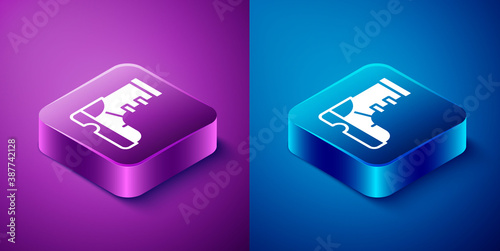 Isometric Waterproof rubber boot icon isolated on blue and purple background. Gumboots for rainy weather, fishing, gardening. Square button. Vector.