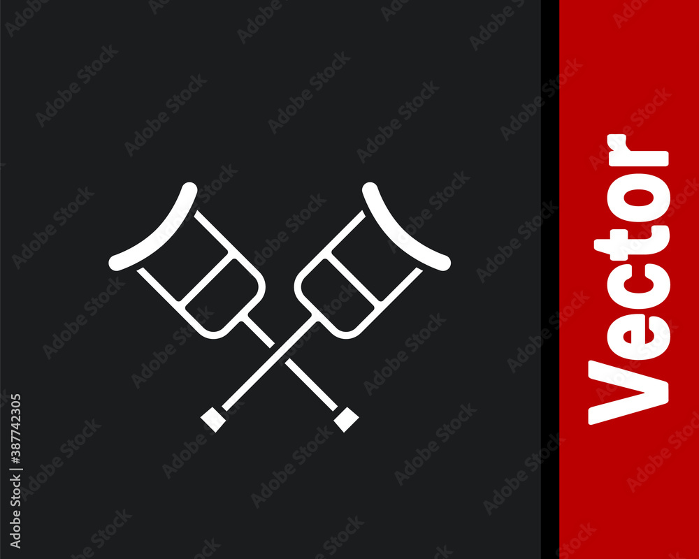 White Crutch or crutches icon isolated on black background. Equipment for rehabilitation of people with diseases of musculoskeletal system. Vector.