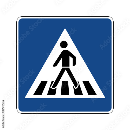 Pedestrian crosswalk road sign. Vector illustration of blue square traffic sign with human crossing street icon inside. Drivers must give way to pedestrians. Pedestrian crossing symbol.