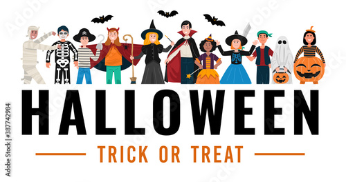 Halloween party background, Kids in Halloween costumes. Vector