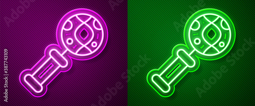 Glowing neon line DNA research, search icon isolated on purple and green background. Magnifying glass and dna chain. Genetic engineering, cloning, paternity testing. Vector.