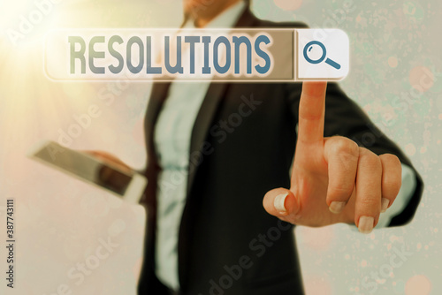 Conceptual hand writing showing Resolutions. Concept meaning the act of analyzing a complex notion into simpler ones Web search digital futuristic technology network connection photo