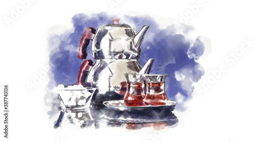 Turkish teapot watercolor animation photo