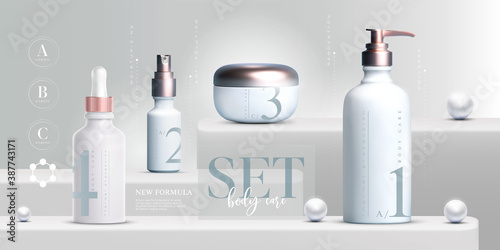 Vector 3D elegant cosmetic products set background premium cream jar for skin care products. Luxury facial cream. Cosmetic ads flyer or banner design. Cosmetic cream template. Makeup products brand.