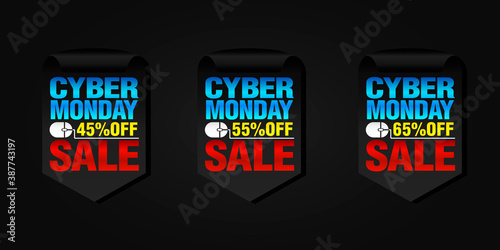 Cyber monday set of sale badges 45%, 55%, 65% off. Vector illustration