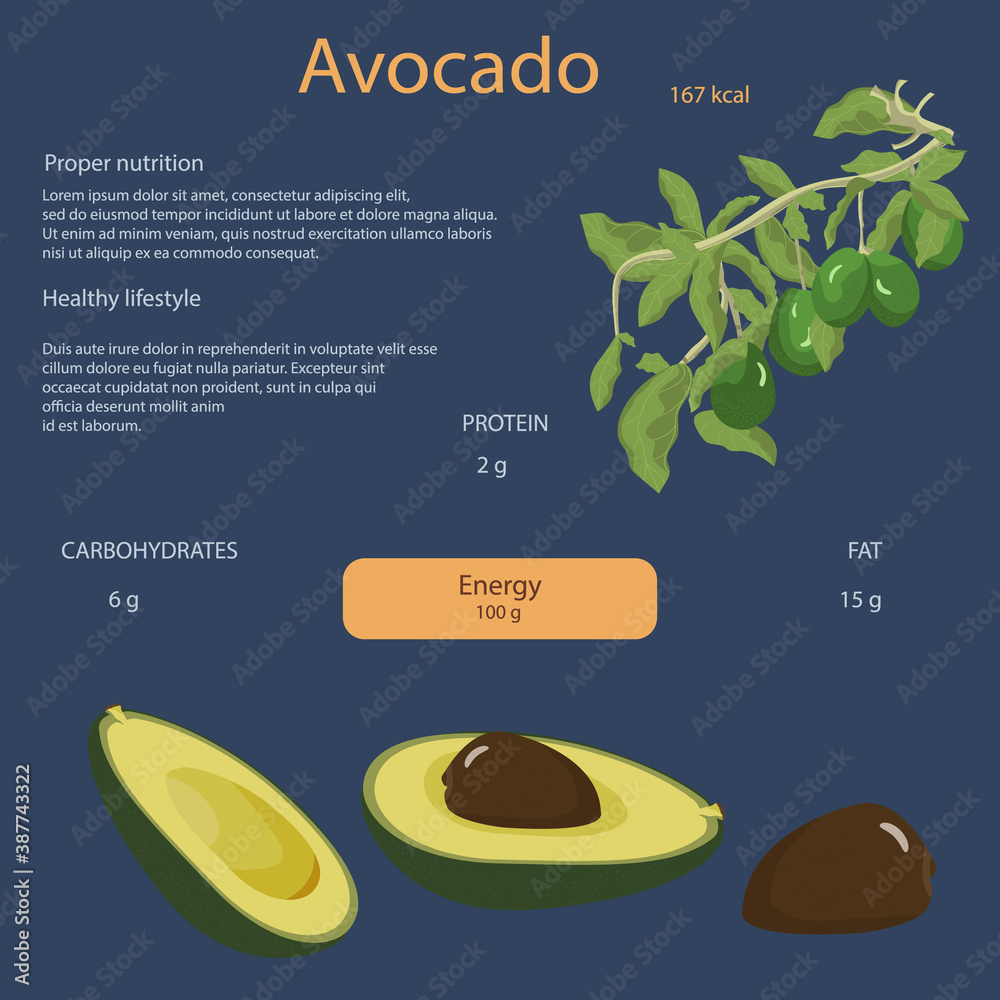 Information about the health benefits of avocados. Infographics of