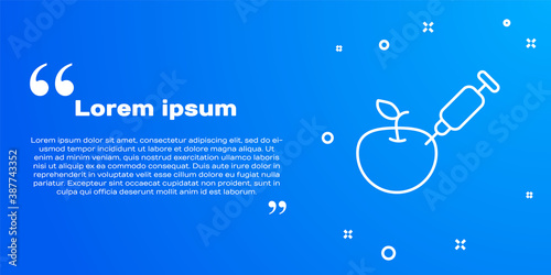 White line Genetically modified apple icon isolated on blue background. GMO fruit. Syringe being injected to apple. Vector.
