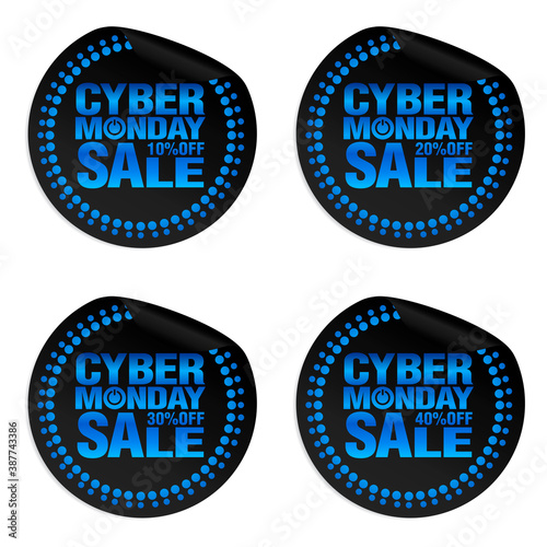 Cyber monday sale power stickers set 10%, 20%, 30%, 40% off. Vector illustration