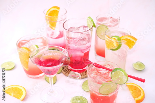 cocktails selection with lemonade and vodka on white background