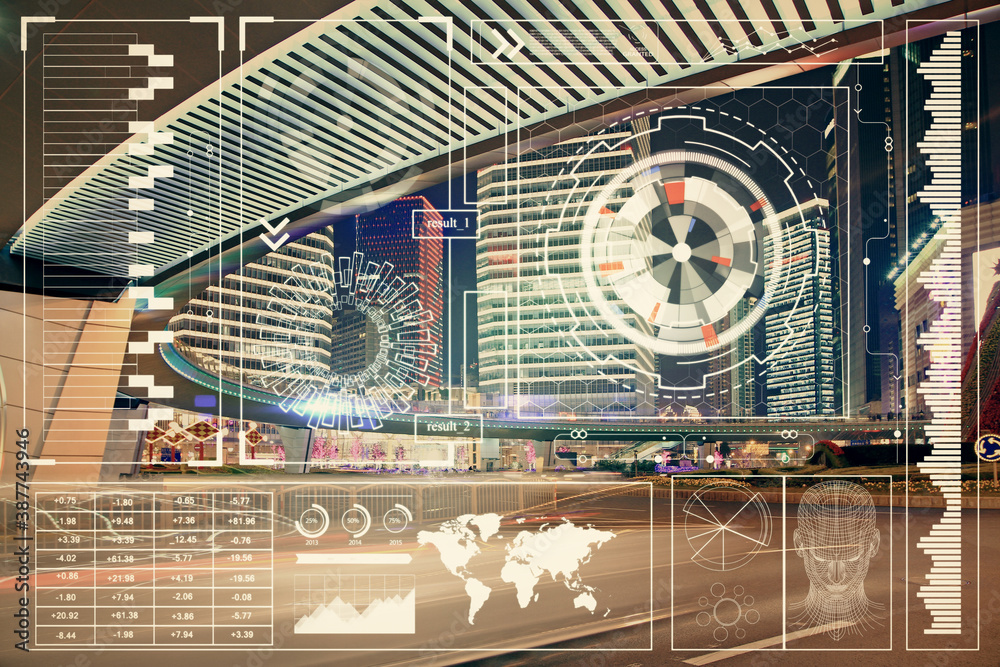 Obraz premium Data theme hologram drawing on city view with skyscrapers background multi exposure. Bigdata concept.