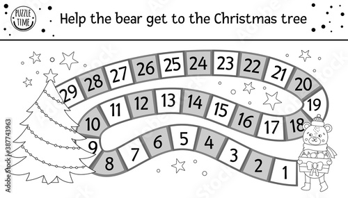 Christmas black and white board game for children with cute animal. Educational boardgame with holiday decorations, bear, Christmas tree. Funny winter printable activity or coloring page. .