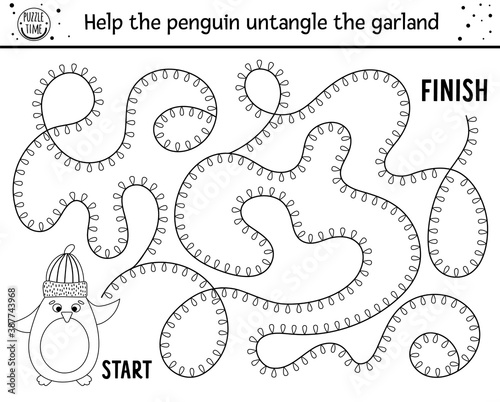 Christmas black and white maze for children. Winter new year preschool printable educational activity or coloring page. Funny holiday game or puzzle with cute penguin in hat and garland. .