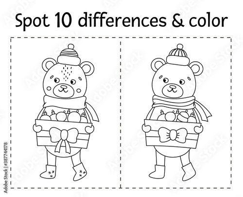 Christmas find differences and color game for children. Winter black and white educational activity with funny bear. Printable worksheet with smiling character. Cute New Year coloring page for kids.