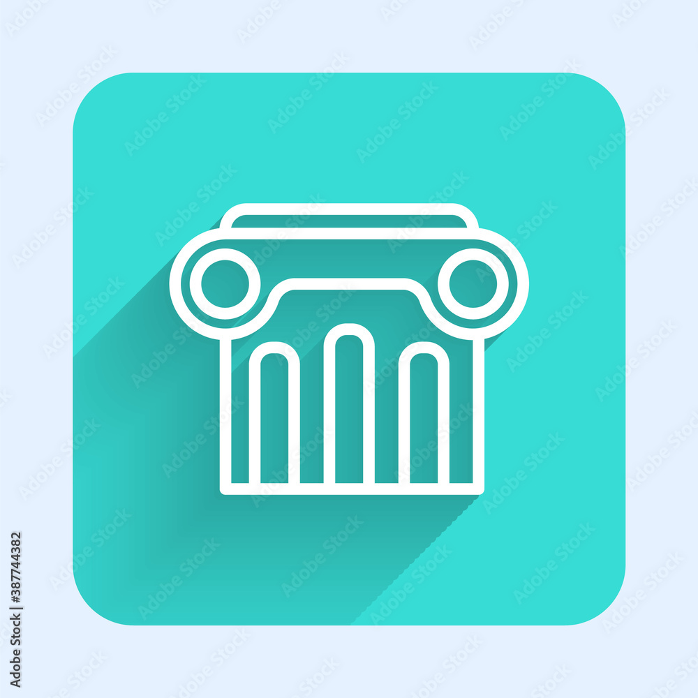 White line Law pillar icon isolated with long shadow. Green square button. Vector. White line Law pillar icon isolated with long shadow. Green square button. Vector.